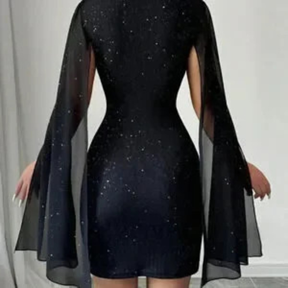 ZARA Black Party Women's Glitter Print Stand Collar Lantern Sleeve Bodycon Dress